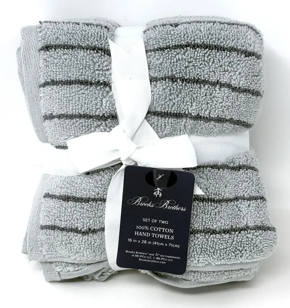 Brooks Brothers Grey Gray Striped Cotton Hand Towels Set 2 Measures 16x28